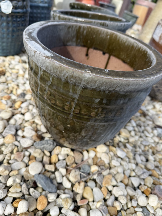 Small Round Glazed Dark Green Pot